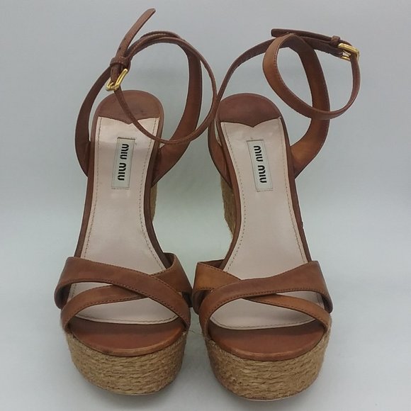 Miu Miu Leather/Raffia Gold Heel Sandals - Picture 4 of 13